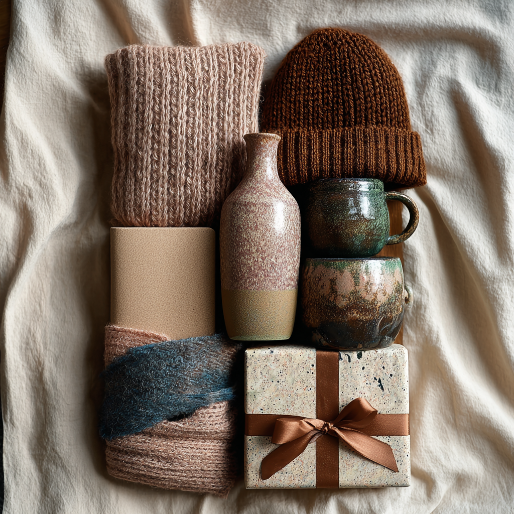 Neutral cozy gift flatlay with soft textures, candles and minimal gift boxes.