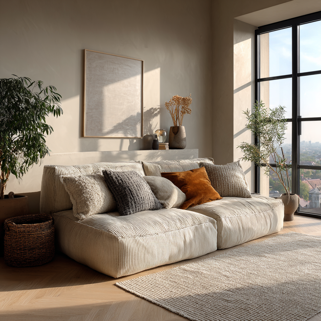Neutral minimalist living room with beige sofa, textured pillows and soft warm lighting in a cozy winter setting.