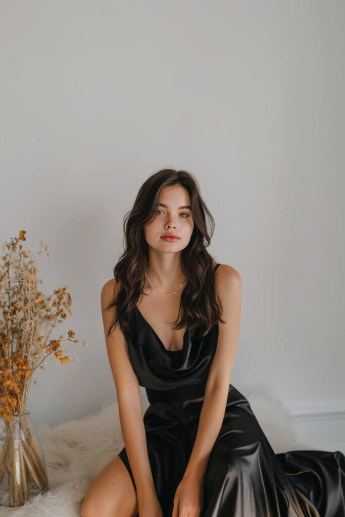 Black midi dress with soft romantic goth silhouette