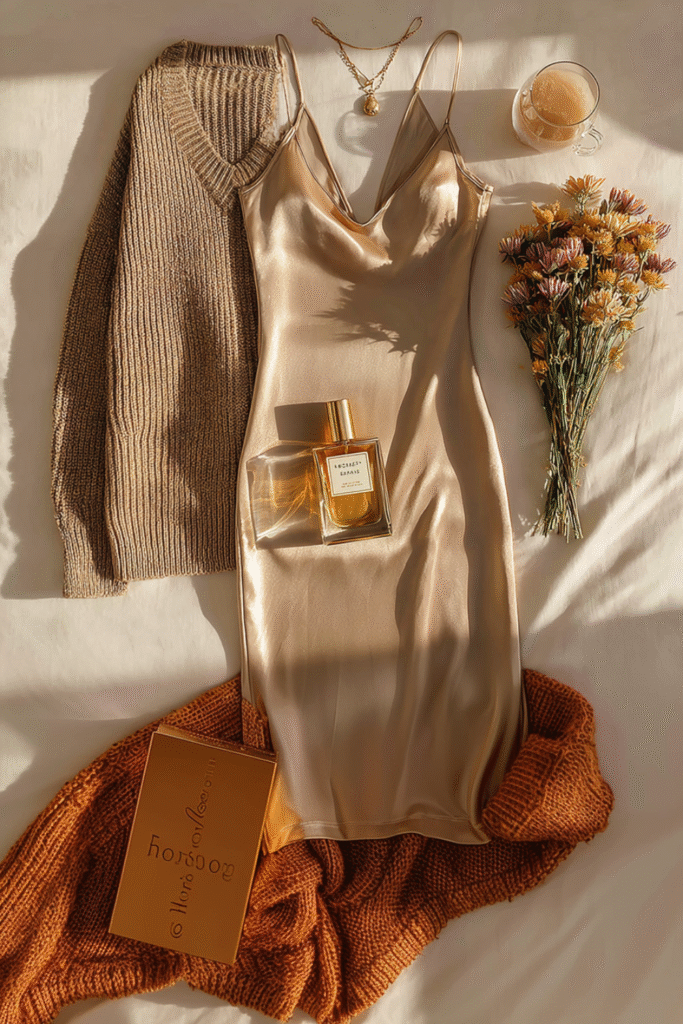 A champagne satin slip dress layered with a chunky sweater.