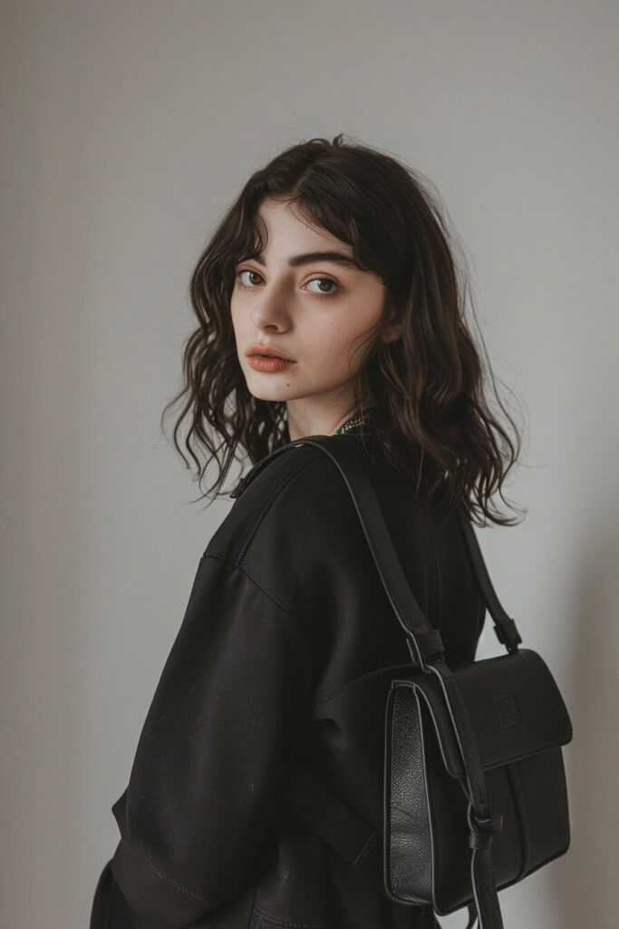 Small black shoulder bag styled with a romantic goth minimalist look
