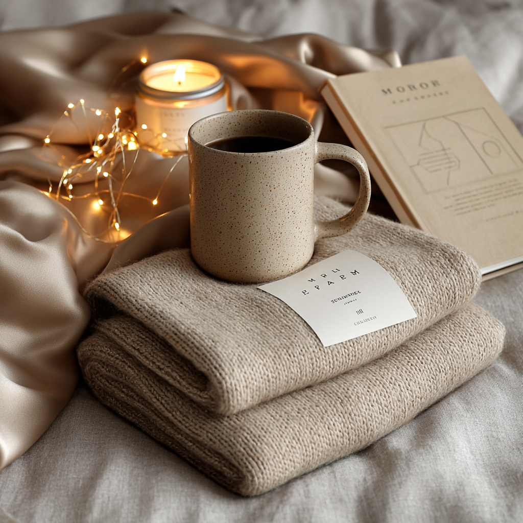 Cozy holiday gift flatlay with throw blanket, mug, art print, and soft lights.