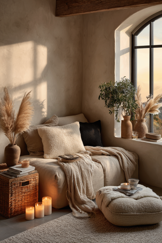 Neutral cozy holiday living room Neutral cozy holiday living room with soft lighting and minimal Christmas decor.