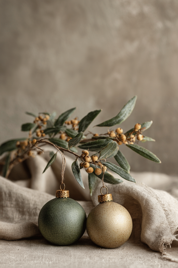 Minimal Christmas ornaments in neutral tones.
