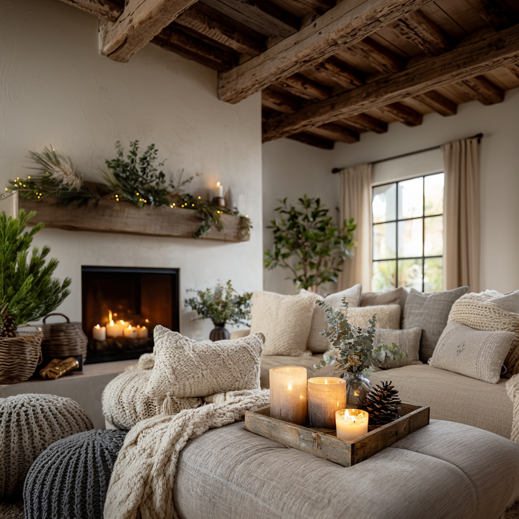 Neutral cozy holiday living room with soft lighting and minimal Christmas decor.