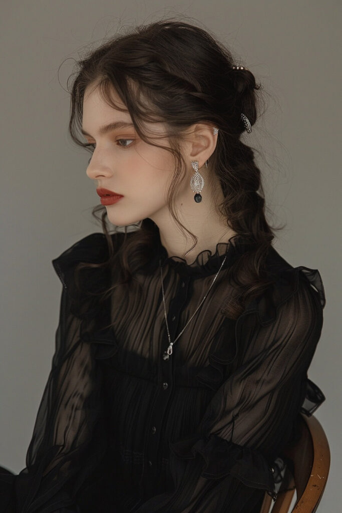 Sheer black blouse styled in a minimalist romantic goth outfit