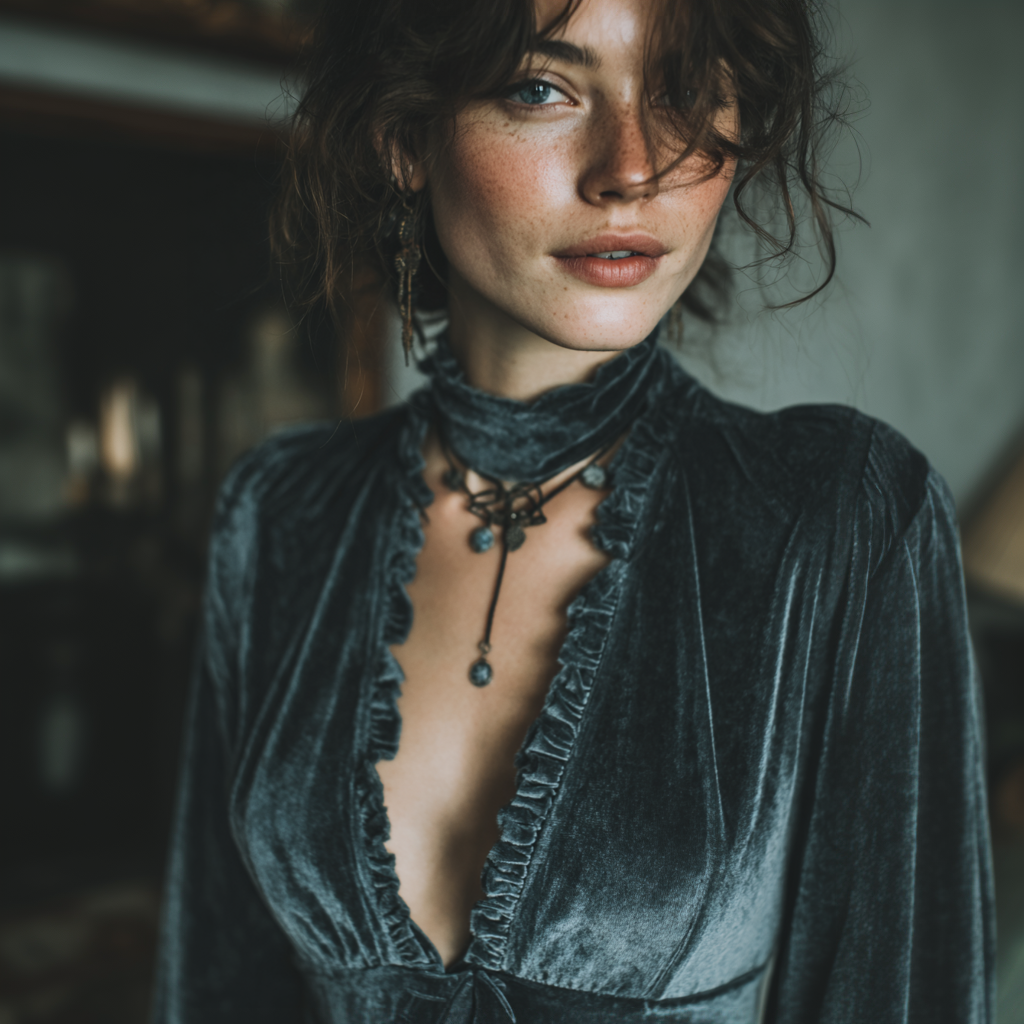 Velvet holiday look in soft muted tones.