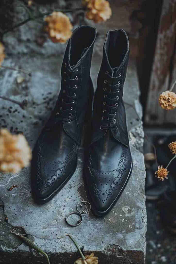 Minimal black ankle boots styled with a romantic goth outfit