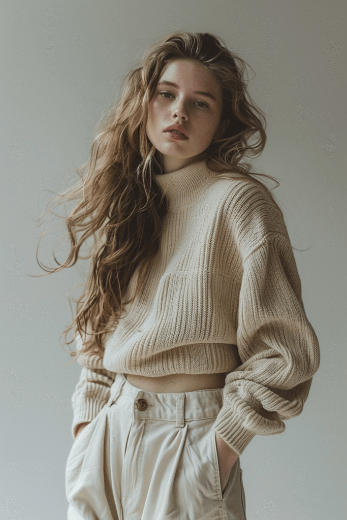 Baggy jeans styled in a minimalist 2026 denim outfit