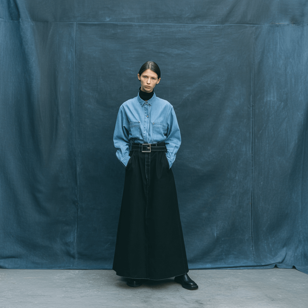 Baggy jeans styled in a minimalist 2026 denim outfit