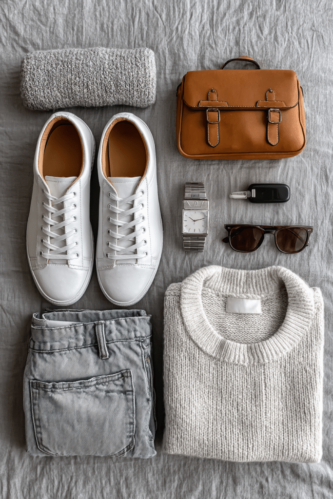 Baggy jeans styled in a minimalist 2026 denim outfit