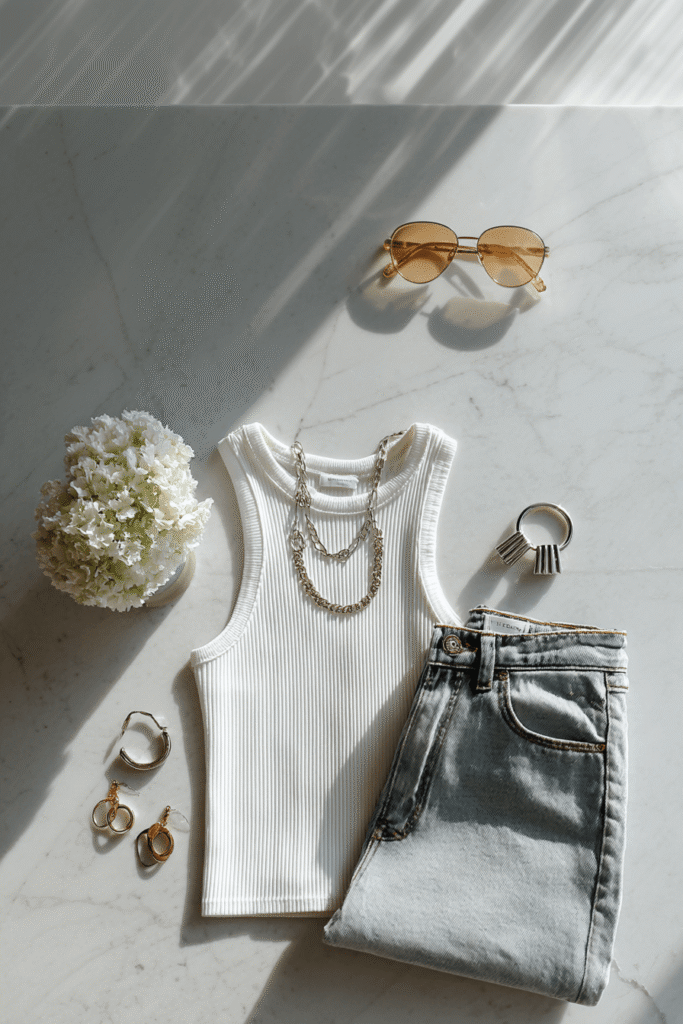 Baggy jeans styled in a minimalist 2026 denim outfit